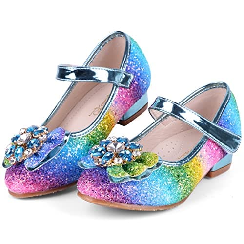 Image of KUWIBY Girl Sandals Glitter Princess Shoes Sequin Party Shoes Bling Bowknot High Heels Wedding Birthday Dress Comfort Bright Diamond Cosplay Dance for Little Girls Christmas Multicolor Blue