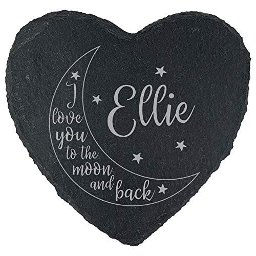 Image of eBuyGB I Love You To The Moon and Back, Personalised Slate Coaster, Anniversary, Birthday Gift, Present for Her, Gift for Him, Engraved Slate Drinks Coaster (Heart)