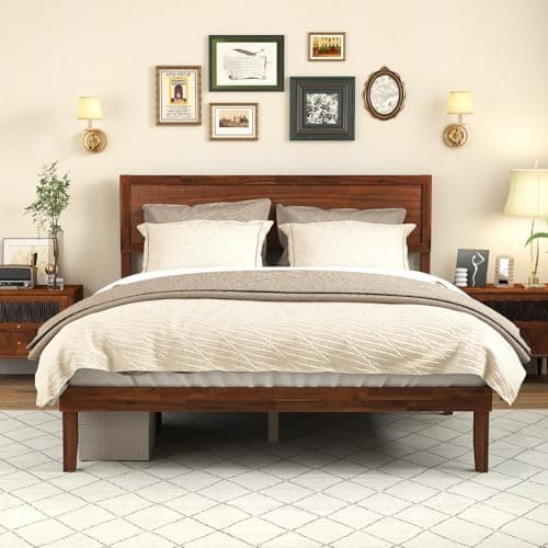 Image of Multigot King Size Bed Frame, 5FT Mid-Century Slat Support Bedstead with Retro Headboard and 22cm Underbed Storage, Solid Acacia Wood Platform Bed Mattress Foundation, No Box Spring Needed
