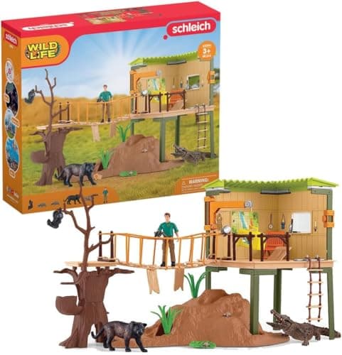 Image of SCHLEICH Wild Life 42594 Safari Ranger Adventure Station Action Playset - Safari Animals Tree Toys Playset with Alligator, Panther, Safari Base, Guide Figurine, Gift for Boys and Girls Ages 3+
