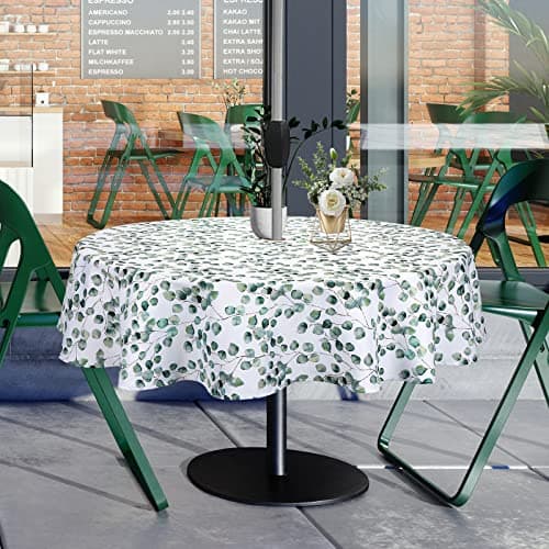 Image of Qucover Outdoor Tablecloth 180cm Round 70" Polyester Leaf Pattern Wipeable Table Cloth with Parasol Hole and Zipper for Garden Table, BBQs, Family Gatherings, Party