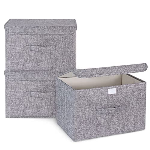Image of Booxihome 3Pcs Fabric Storage Boxes With Lids For Wardrobe Clothes Toy Foldable Linen 37 * 24 * 25cm (Grey)