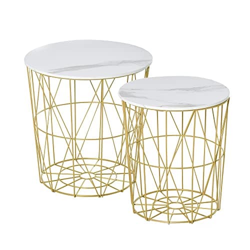 Image of HOMCOM Set of 2 Nesting Side Tables with Storage, Round End Tables Coffee Tables with Steel Frame and Removable Round Top, for Living Room, bedroom, office, White