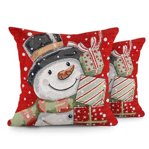 Image of Velosso Christmas Soft Cotton Blended Chenille Filled Tapestry Cushion Cover Xmas Festive Scatter Decorative Square Sofa Couch Pillow Cushion Nordic Stag 43x43cms (2, Snowman Presents)