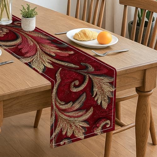 Image of Elegant Vintage Floral Table Runner, Red Gold Design for Home Dining Decor, Holiday Party Table Decor 13x72 Inch