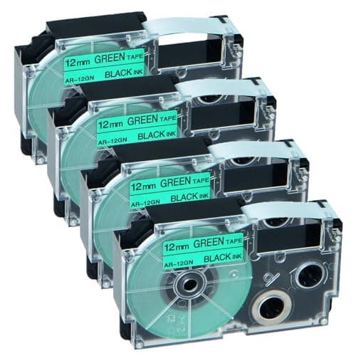 Image of NineLeaf Compatible for Casio Label Maker XR-12GN XR-12GN1 12mm x 8m Black On Green Label Tapes for Casio KL-60 100 120 200 300 750 780 820 2000 7000 7200 7400 8100 8200 P1000 Label Printers, 4PK