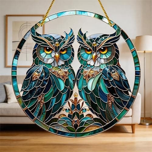 Image of Samyosaien Owl Garden Ornaments Outdoor Hanging, Round Owl Wall Art with Rope for Garden Fence, Weather-Resistant Acrylic Decor for Patio, Yard, Porch, Living Room