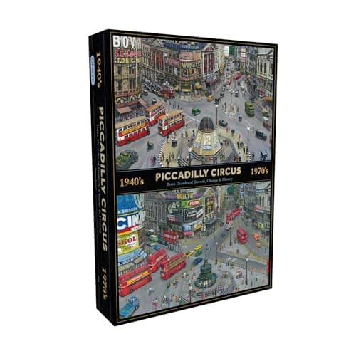Image of Gibsons Piccadilly Circus Through the Decades 1000 Piece Jigsaw Puzzle for Adults – London Landmark Artwork by Bryan Evans – 1940s & 1970s City Scenes – Premium Sustainable Puzzle Made in the UK/EU