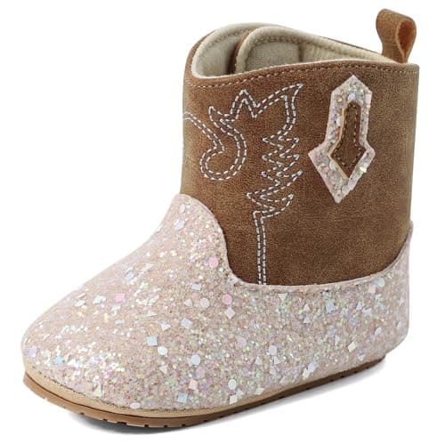 Image of LACOFIA Baby Girls Boots First Walking Shoes Infant Western Cowgirl Boots Bling Bling Bootie with Anti-Slip Soft Sole Brown 3-6 Months