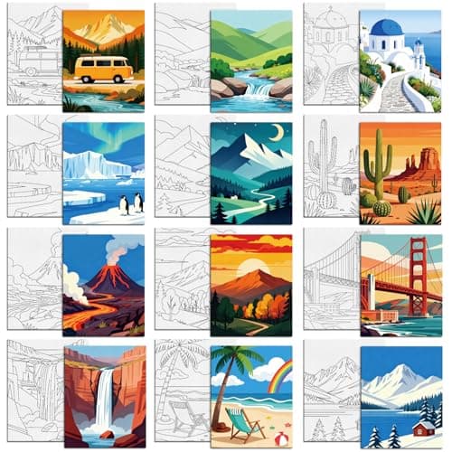 Image of MAYJOYDIY 12 Pcs Pre Drawn Canvas to Painting Nature Scenery Pre Printed Canvas for Adults 25×20cm Glacier Sunset DIY Paint Art Supplies for Beginners, Students, Party Gifts