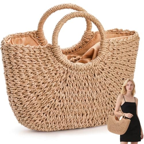 Image of Pumtus Women Straw Bag, Large Hand-woven Summer Beach Handbag, Handmade Straw Tote Bag, Casual Top-handle Rattan Woven Semi-circle Clutch Bag for Women, Travel, Vacation