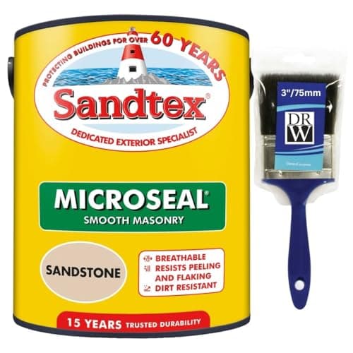 Image of DRW Sandstone Microseal Smooth Masonry Paint 5L+3" Brush | Exterior Wall Paint for Brick Render Concrete and Stone | Long Lasting Weather Protection | Smooth Matt Masonry Finish for Exterior Walls