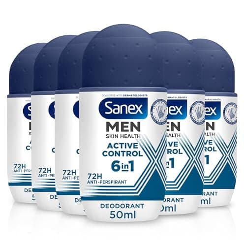 Image of Sanex Men Active Control Antiperspirant Roll-On Deodorant 6x50ml, 72 hour sweat protection, anti-odour, long-lasting dryness, freshness, gentle on skin, antibacterial, 0% alcohol*