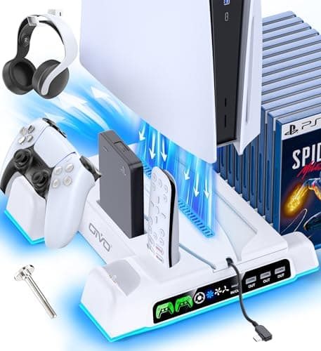 Image of OIVO PS5/PS5 Slim/PS5 Pro Stand with Controller Charging Station for PlayStation 5 Console, PS5 Cooling Stand Accessories with 3 Levels Cooling Fan, PS5 Controller Charger, Games Organizer