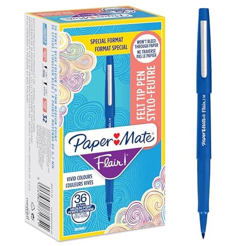 Image of Paper Mate Flair Felt Tip Pens | Medium Point (0.7 mm) Writing Pens | Blue Pens | For Writing, Drawing & Sketching | 36 Count