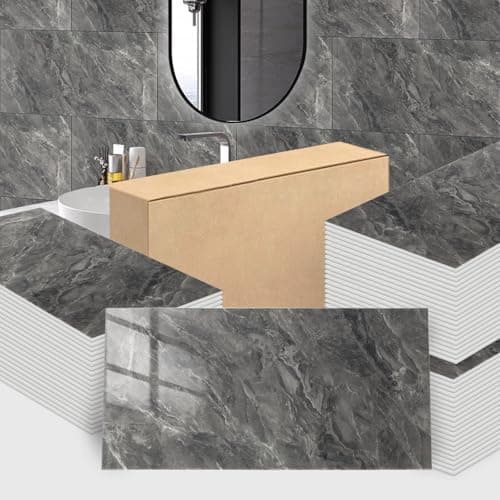 Image of Trafagala 10Pcs Black Grey Marble Tiles 60x30cm Thicken Self Adhesive Wall Tiles Waterproof Peel and Stick on Vinyl Tiles Stickers for Living Room Bedroom Bathroom Kitchen Splashback Panel Covering