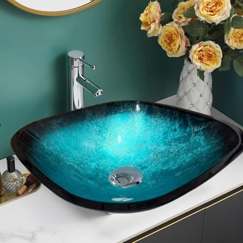 Image of BELOFAY Modern Bathroom Sink, Countertop Wash Basin, Glass Vessel Washing Bowl Set, Cabinet Counter Top Sink for Vanity Cabinet Cloakroom, Square Blue with Tap, Pop up Waste and Plastic Bottle Trap