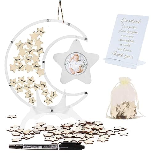 Image of 66Pcs Baby Shower Guest Book, Wooden Welcome Sign Board Guest Frame Birthday, Alternative Guestbook Baby with Star Photo Frame for Wedding Baby Shower Birthday (White)