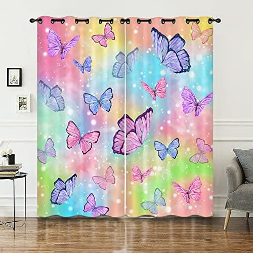 Image of HOSIMA Curtains Blackout Eyelet for Boys and Girls Soft Breathable Butterfly Print Curtains 2-piece Set Suitable for Young People's Bedroom Living Room Decoration(Butterfly,168x228)
