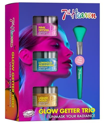 Image of 7th Heaven Glow Getter Face Masks Gift Set (3 x Peel Off Face Mask and 1 x Spatula) Liquid Gold, Pink Crystal and Luminous Aquamarine, Vegan - Genuine 7th Heaven Skincare Set