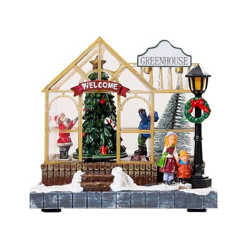 Image of Keebgyy Christmas Musical Village House, Christmas Snow House Village, Christmas Glowing Greenhouse, Resins Ornament with Light Rotating Tree Figurines Holiday Table Decoration
