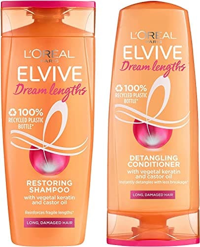 Image of L'Oreal Paris Elvive Dream Lengths Shampoo and Conditioner Set for Long Hair, Nourishing & Strengthening Treatment to Prevent Hair Breakage, Enriched with Castor Oil