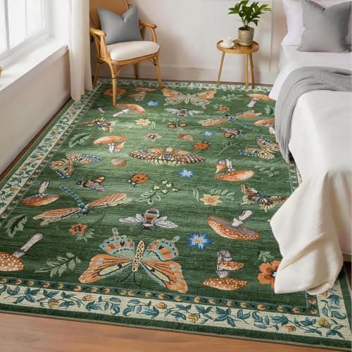 Image of CAROMIO Washable Mushroom Rug 120x170 cm, Nature-Inspired Dragonfly Design Area Rug for Living Room, Non-Slip Low Pile Carpet for Nursery Kids Room, Grass Green