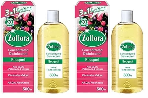 Image of Zoflora Bouquet 500ml, Concentrated Antibacterial Disinfectant, All Purpose Cleaner, Surface Cleaning Solution, Kills 99.9% of Bacteria and Viruses (Pack of 2)