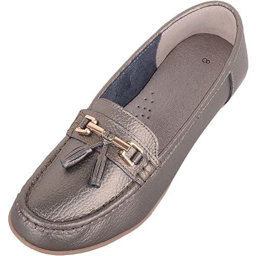 Image of ABSOLUTE FOOTWEAR Womens Slip On Wide Fit Leather Loafer Deck Boat Shoes, Tassel Detail, Gun Metal, UK 4 / EU 37