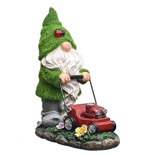 Image of TERESA'S COLLECTIONS Outdoor Garden Decoration with Solar Lighting 22 cm Waterproof Garden Gnome Figures with Resin Lawn Mower Garden Gnomes for Outdoor Yard Lawn Balcony