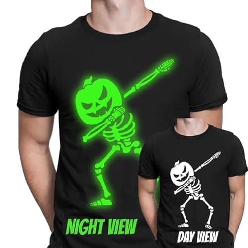 Image of Skeleton Dab Dance Halloween Glow in The Dark T-Shirt with Pumpkin Head | Family Friendly | Fun & Spooky Design for Men Women Teens Kids | Comfortable Cotton Black L