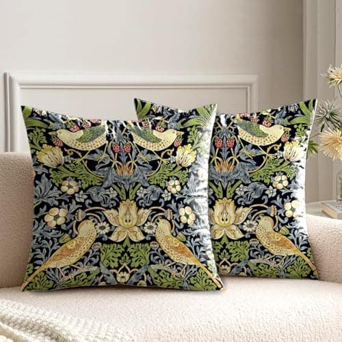 Image of HUASHUZI Cushion Covers William Morris 45x45cm Gifts for Women Strawberry Thief Decorations Double Sided Pattern Throw Pillow Case Set of 2 Home Decor for Sofa Bench Couch