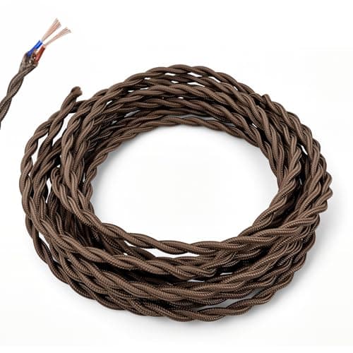 Image of 5m Dark Brown Vintage Twisted Fabric Cable, 2 Core 0.75mm² Pure Copper Braided Lighting Flex, VDE Certified Double Insulated Electrical Wire for Pendant Lamp, Retro Chandelier & DIY Industrial Lights