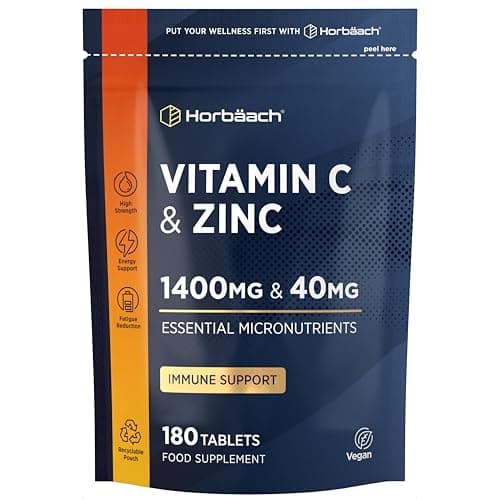 Image of Vitamin C 1400mg and Zinc 40mg Tablets | 180 Count | High Strength Complex with Vitamin C as Ascorbic Acid | Immune Support | Suitable for Vegans | By Horbaach
