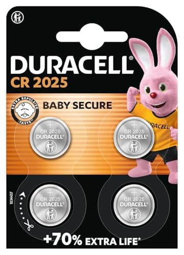Image of DURACELL 2025 Lithium Coin Batteries 3V (4 Pack) - Up to 70% Extra Life - Baby Secure Technology - For Use in Key Fobs, Fitness Watches and 3D Glasses - Baby Secure Packaging