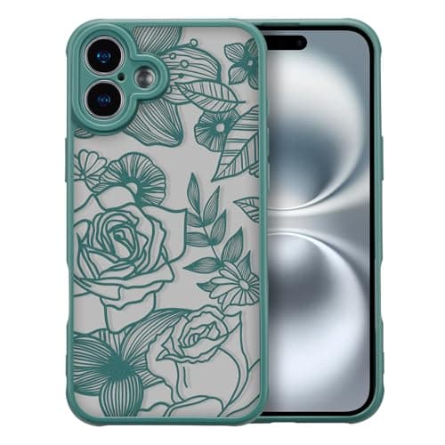 Image of XIZYO Case for iPhone 17 6.3 Inch, Cute Frosted Translucent Rose Floral Flower Pattern Shockproof Cover, for Girls Women Luxury Soft TPU Protective Phone Case, Green