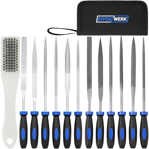 Image of EffektWerk - 12 pc Needle File Set for Wood, Metal, Plastic - 160x4mm Carbon Steel and Diamond Hand Filers - Round, Half Round, Square, Triangle, Flat and Warding Rasps - Cleaning Brush + Tool Case