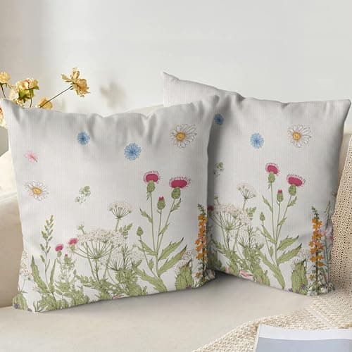 Image of XPHZZL Cushion Covers Set of 2 Pack 45 x 45 cm - Soft Colored Wildflowers Pattern Decorative Pillow Covers for Sofa Bed Garden Outdoor Spring Decor with Invisible Zipper 18 x 18 Inch