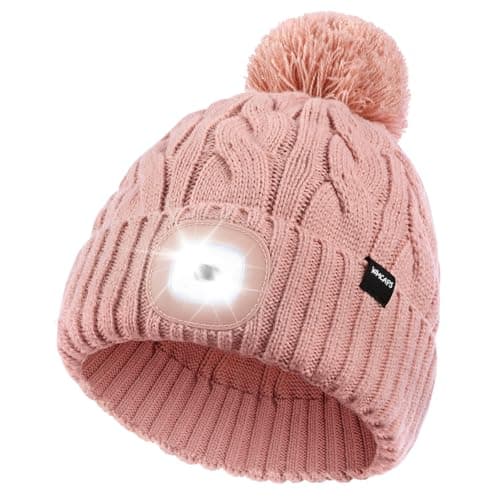 Image of Wmcaps LED Beanie, Hat with a Light Built in Type-c Rechargeable Running Hat Ultra Bright 4 LED Light Hands Freely Head Torch Gifts for Dad Mum in Christmas Unisex Winter Warm Knit Beanie, Pink
