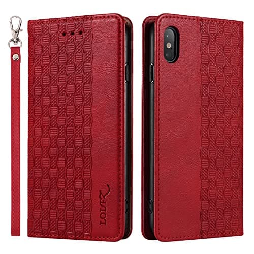 Image of LOLFZ Case for iPhone XS Max, Leather Flip Wallet Case Card Slots Kickstand Wrist Strap Protective Magnetic Phone Case Cover for Apple iPhone XS Max - Red