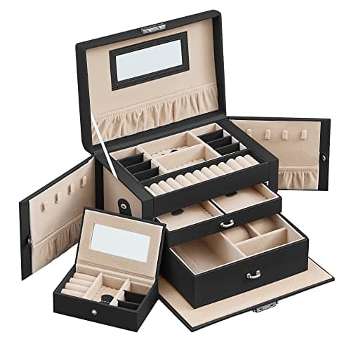 Image of SONGMICS Jewellery Box 3 Layers, Jewellery Organiser with 2 Drawers, Jewellery Case with Portable Travel Case, with Handle, Lockable, Jewellery Storage, Gift for Loved ones, Black JBC121B