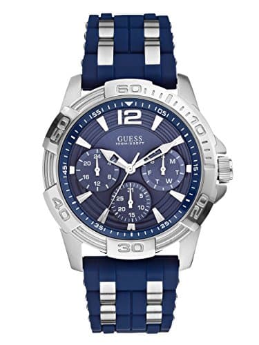 Image of GUESS Iconic Blue Stainless Steel Stain Resistant Silicone Watch with Day, Date + 24 Hour Military/Int'l Time. Color: Blue (Model: U0366G2)