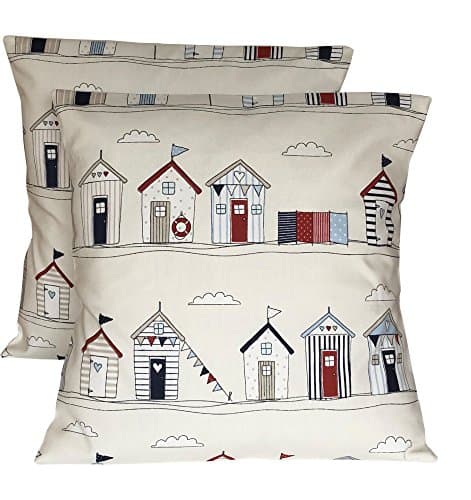 Image of 2 x 16" x 16” (40cm x 40cm) Pack Of Two Fryetts Beach Hut Red Cream Blue Cushion Covers