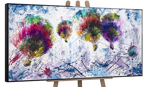 Image of YS-Art Original Handmade Painting – Colorful Hot Air Balloons Abstract, Splash Style Artwork on Canvas, Framed Bright Decor for Living Room Nursery 63x32 inch