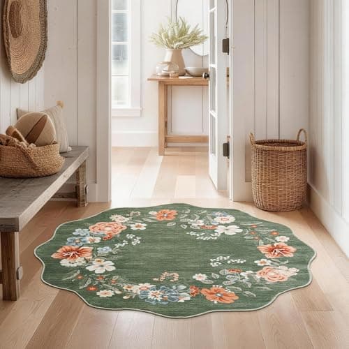 Image of SOANNY Round Floral Rug 120 cm, Boho Vintage Scalloped Living Room Area Rug, Soft Low Pile Washable Non Slip Stain Resistant Carpet for Bedroom Entryway Vanity Office Dining Room, Olive Green