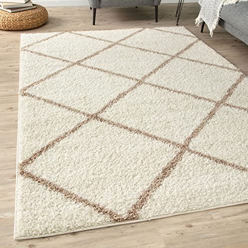 Image of THE RUGS Shaggy Rug – Modern Moroccan Design Rugs for Living Room, Bedroom, Hallway, 3 cm Thick Area Rugs, (Diamond Ivory/Beige, 80x150cm)