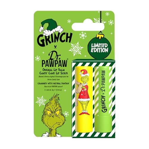 Image of Dr.PAWPAW x The Grinch Candy Cane Lip Scrub and Original Balm Duo 2 x 4g, Exfoliating and Hydrating Pawpaw Lip Care Set, Vegan and Cruelty Free, Gift Set