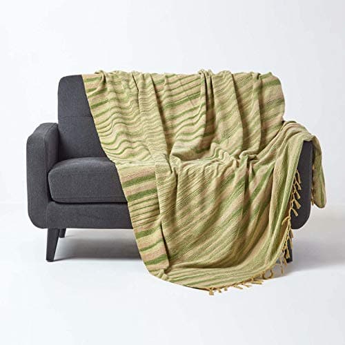 Image of HOMESCAPES Bed Sofa Throw Cotton Chenille Tie and Dye Green 150 x 200 cm or 60 x 79 inches