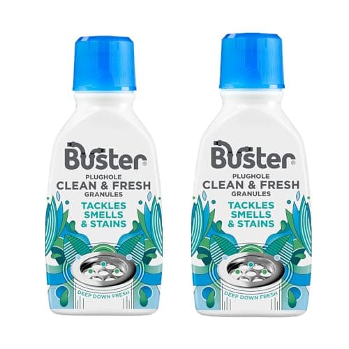 Image of Buster Plughole Clean & Fresh Granules (Eucalyptus - Pack of 2 x 300g) Fast-Acting Dishwasher & Washing Machine Cleaner & Sink and Drain Cleaner for Bad Smells and Stains, Fresh Scent - Made in UK