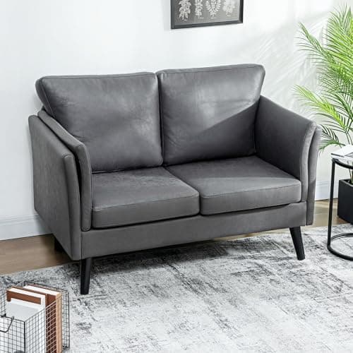 Image of HOMCOM 2 Seater Sofa, Modern Small Sofa with Thicken Cushion, High-Resilience Foam, Rubber Wood Legs, Leathaire Upholstered Loveseat Settee for Living Room, Bedroom, Home Office, Grey